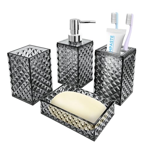Seeatoo Bathroom Accessory Set, 4 PCS Grey Bathroom Accessories Set, Soap Dispenser and Toothbrush Holder Set, Soap Dish and Mouthwash Cup, Boho Bathroom Decor, Bathroom Sets Accessories