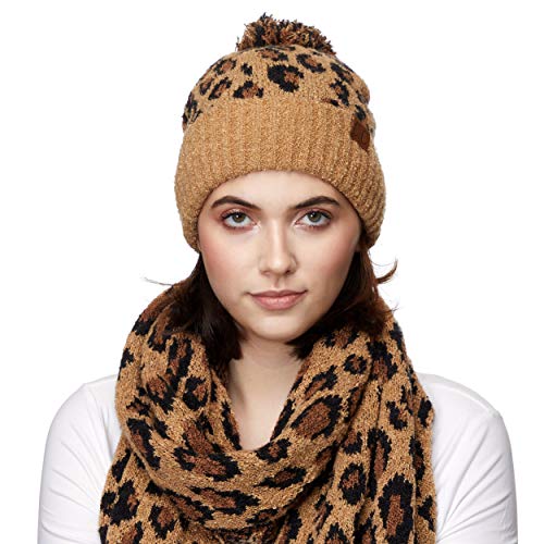 Image of C.C Exclusives Soft Beanie hat with Leopard Pattern and Fur Pom(HAT-7001)(SF-7001)