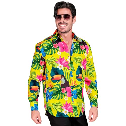 W WIDMANN MILANO Party Fashion - Camisa Party Fashion, estampado tropical, neón, camisa hawaiana, ave del paraíso, showmen