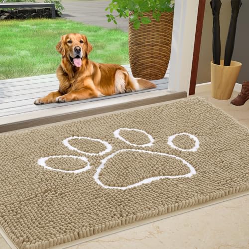 Dog Door Mat for Muddy Paws, Pet Rug Chenille Absorbent Outdoor Doormat 60"x 36", Non Slip Heavy Indoor Doormat Soft Front Inside Doormats for Entryway, Mud Paws, Patio,Dog Paw Beige