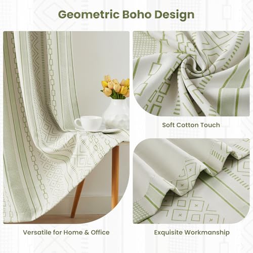 Rideaux occultants motif géométrique bohème vert sauge 243cm coton