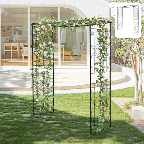 Vilom ガーデンを魅力的に演出!優雅デザインのフラワーアーチ。スチール製で粉体塗装済み、強風雨に耐える高耐久性。バラやタンポポなど植物を絡ませ四季折々の表情を楽しめ、植物なしでも可愛らしく飾れる上品デザイン。地面しっかり固定で安定感 組立簡単でガーデニ