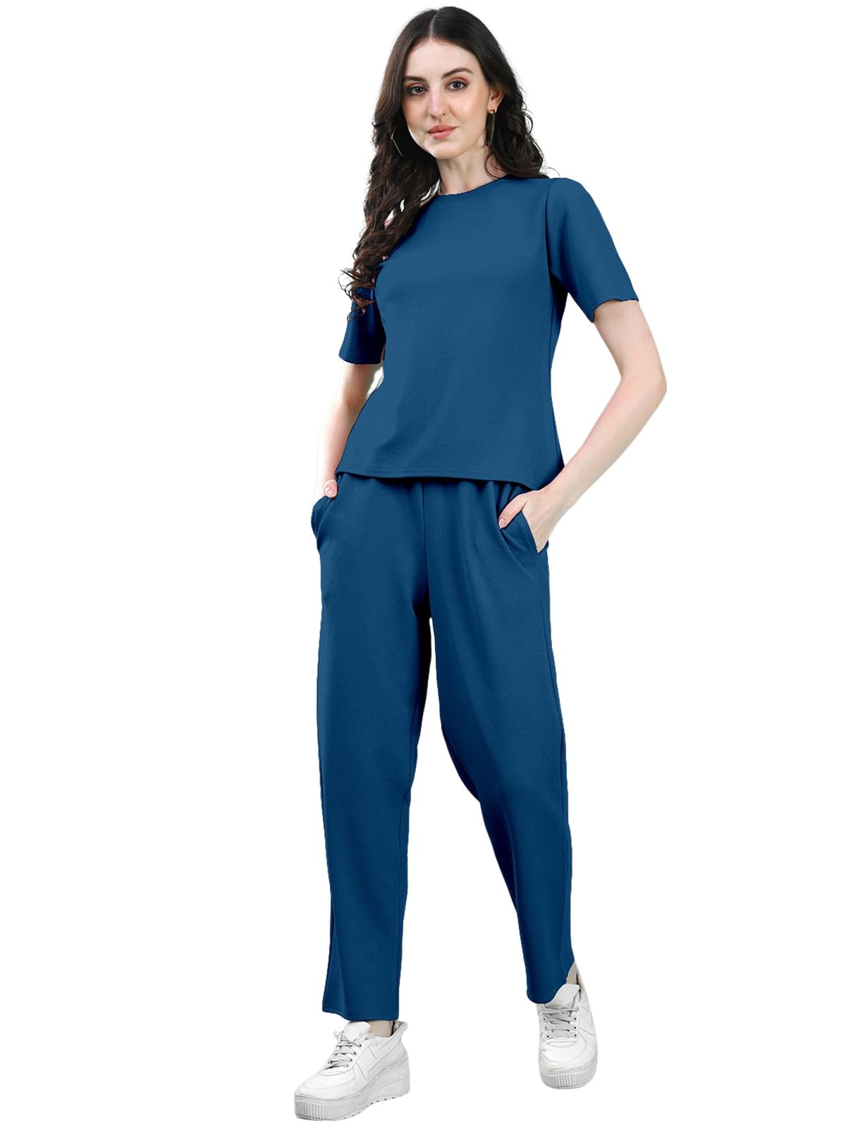 Selvia Co-Ords Set For Women|Lycra Top & Trouser Set|Casual Co-Ords Set For Women|Solid Two Piece Co-Ord Set|Sports Wear Co-Ords Set(707Ctk11668N-L_Teal Blue)