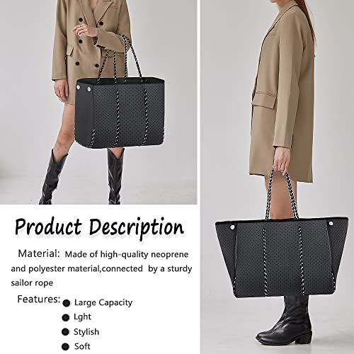 Neoprene Tote Bag, Beach Bag Waterproof Sandproof, Tote Bag for Women, Large Tote Bag with Portable Wallet for Beach, Swimming, Gym bag, Travel bag （Black)2