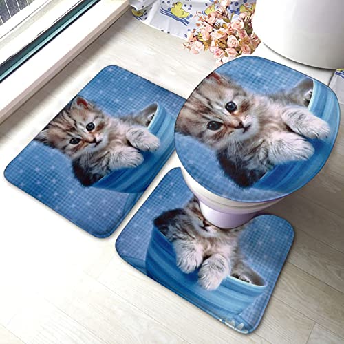 DIRYKILP Badematte + Konturmatte + Toilettendeckelbezug, Süße Tasse Katze 3 Stück Badematte Set, mit rutschfester Klebeunterseite