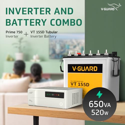 Image of V-Guard Inverter & Battery Combo (Prime 750 Pure Sine Wave 650VA / 12V Inverter, VT 155D 150 Ah Tall Tubular Battery) for Home, Office & Shops