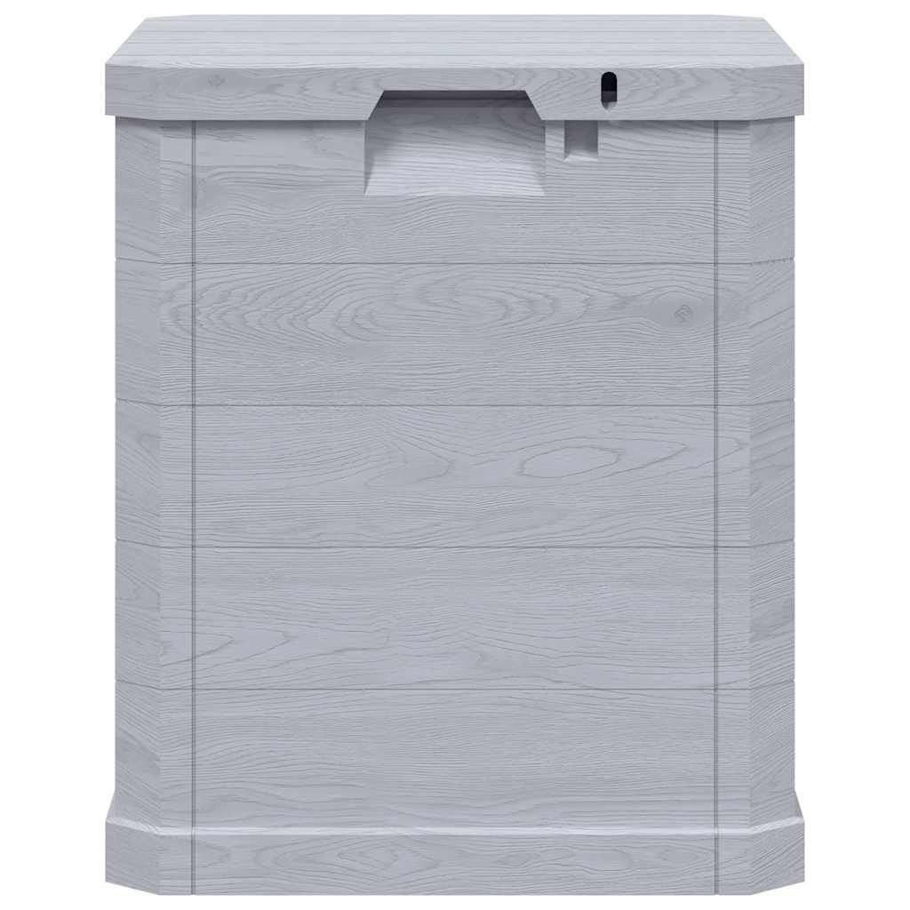 Caja de almacenamiento de jardín de 90 L, color gris claro, plástico con aspecto de madera, con tapa y función de asiento, resistente a la intemperie, con cierre, mucho espacio para cojines