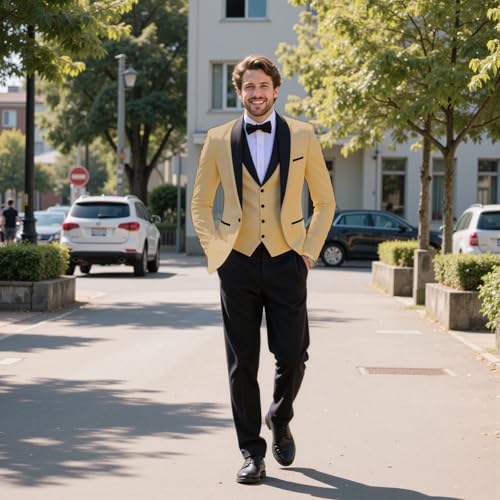 SevenBoy Mens 3 Piece Suit Shawl Lapel Blazer Vest & Pants Set Stretch Polyester Business Casual Suits2