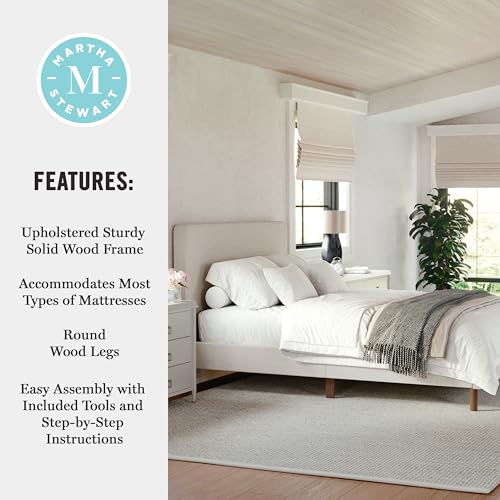 Image of Martha Stewart Britta Platform Bed with Headboard & Footboard, Faux Linen Upholstery with Piping Detail, Rounded Headboard, No Box Spring Needed, Full, Beige