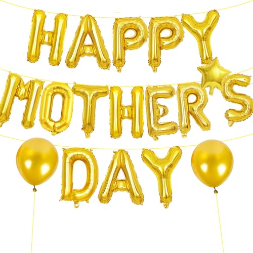 16 Inches HAPPY MOTHER'S DAY Letter Balloon Banner with Star and Latex Balloons - Mylar Foil Balloons Sign for Mother's Day Party Decorations, Mom Celebration, and Spring Family Gatherings (Gold)
