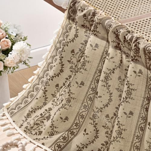 Image of Yinhua Boho Valance Curtains Vintage Linen Kitchen Valances for Windows Light Filtering Bohemian Floral Valance Rod Pocket Tassel Window Valances for Bathroom Cafe, 52 inch W X 18 inch L, Beige Brown