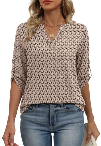 Image of XIEERDUO 3 /4 Length Sleeve Womens Tops V Neck T Shirts Both Side Buttons Blouses Business Casual Outfits Loose Fit