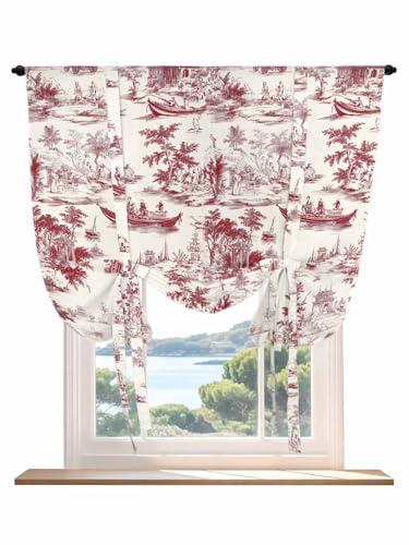 Tie Up Curtains for Windows Red Garden Vintage Roman Shade 46 x 63 Inch Bathroom Curtains Window Modern Art Building Boat Tree Rod Pocket Short Balloon Curtain for Living Room Kitchen Small Blinds