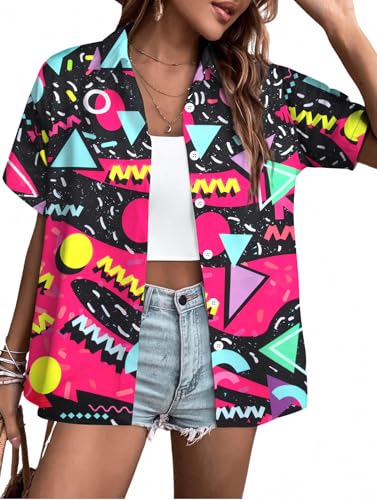 80s 90s Outfits Women 80s Neon Shirt Retro Theme Party Disco Shirt Hawaiian Button Down Short Sleeve Unisex Tops