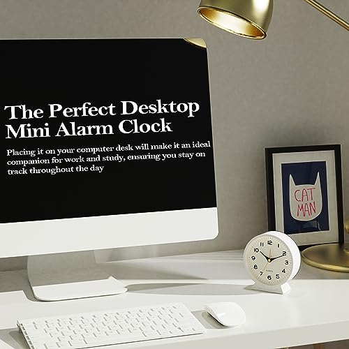 Image of AYRELY 4.5 inch Analog Alarm Clock,Small Retro Desk Clock Battery Operated,Silent Metal Table Clock with Light for Living Room Decor,Bedroom,Bedside,Shelf (White)