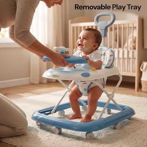 Image of Baybee Baby Walkers for 6-18 Month Baby Boy and Girl with Parental Handle | Interactive Musical Activity, Removable Play Panel & Feeding Tray, Breathable Soft Mesh Seat, Foldable Portable Design | Push Walker for kids (Blue)