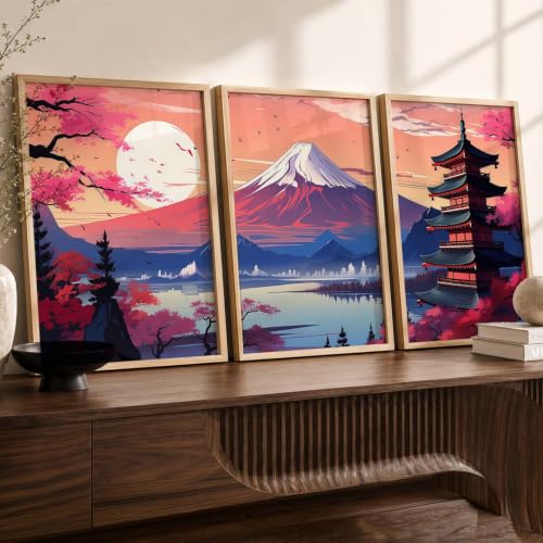 Image of kotart Big Aesthetic Mount Fuji Wall Art Paintings | Mountain Landscape Framed Painting | Nature Art Vastu Frames for Living Room Bedroom Wall Decor Set Of 3 (14x20 Inch)