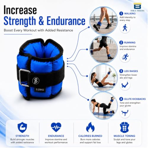 Image of Btag Solid Neoprene Ankle & Wrist Weights (0.25 kg x 2 Pcs) | Adjustable Strap | Unisex Leg & Arm Weight Cuffs for Gym, Workout & Training (Blue)