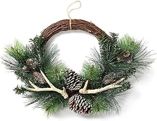 BEJOY Artificial Christmas Wreath with Deer Antlers, Pine Cone Grapevine 56-61cm for Christmas Festival Indoor Outdoor Decor Home Front Door Hanging Wall Window