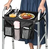 HOOMTREE Walker Tray for Folding Walker, Trays for Walkers for Seniors Detachable with Cup Holder,Walker Trays for Rolling Folding Walker,Walker Accessories for Elderly (Black with Baffles)