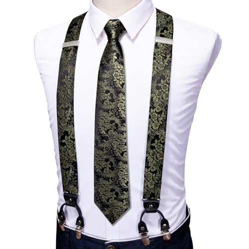 Image of Barry.Wang Men Suspender Set with Necktie Elastic Y Type Heavy Duty 6 Clips Braces Tie Handkerchief Cufflink Pin 6PCS