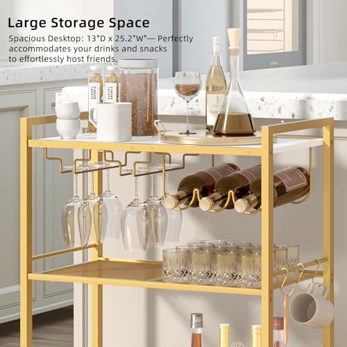 Image of Joaxswe Bar Cart,3-Tier Home Bar Serving Cart with Lockable Wheels,Gold | Microwave Cart,Mobile Kitchen Shelf,Rolling Beverage Cart with Wine Rack and Glass Holder for Kitchen,Dinning Room