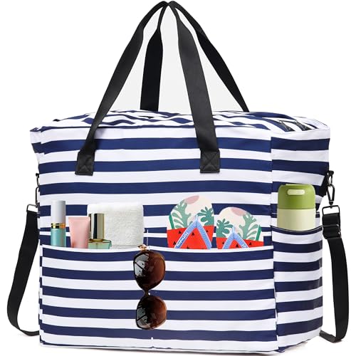 KESUDE Strandtasche xxl Familie Tote Bag mit Reißverschluss Shopper Tasche Damen Groß mit Vielen Fächern Badetasche Beach Bag Reisetasche Handtasche Umhängetasche Saunatasche Strandurlaub für Frauen