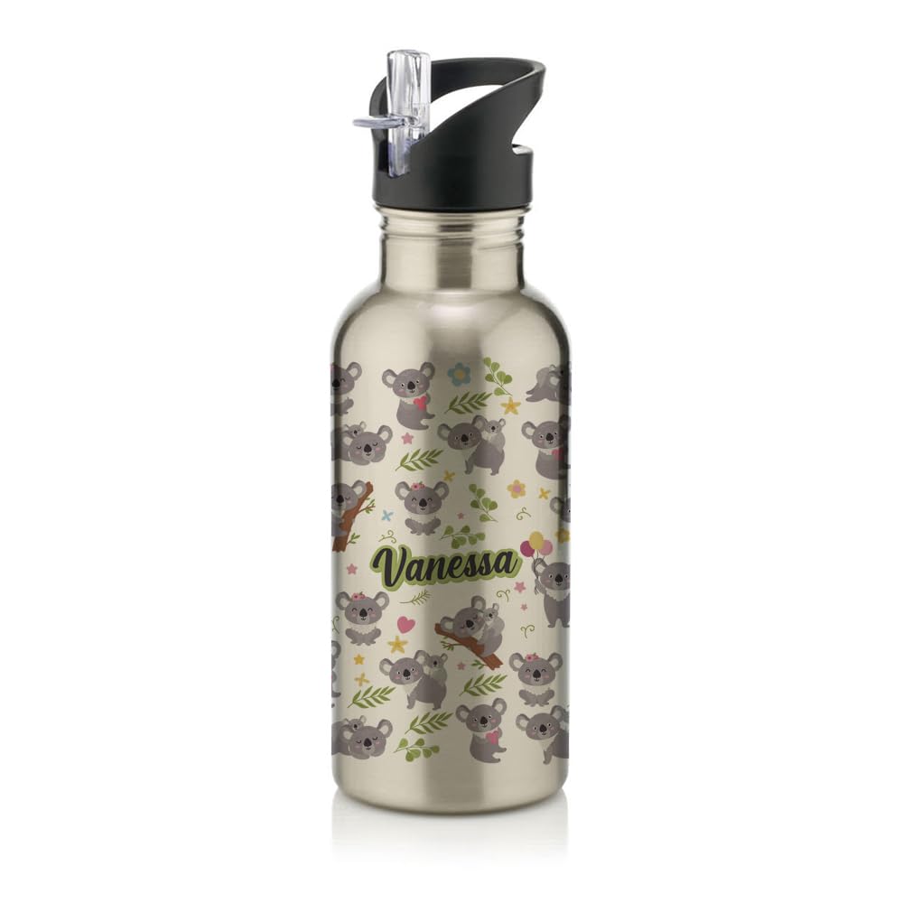 Personalised Koala Animal Pattern, Back to School Gift, Gift For Kids, Stainless Steel 600ml Water Bottle with Straw. (Silver)