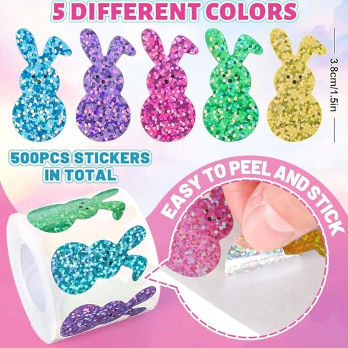 Image of 500Pcs Easter Bunny Stickers 1.5in Large Holographic Bling Sparkly Spring Happy Easter Bunny Stickers Roll 8 Colors Self-Adhesive Rabbit Sticker for Envelopes Scrapbook Decorations Supplies