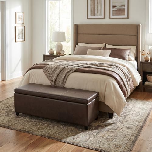 Image of SIMPLIHOME Avalon 48 inch Wide Vegan Leather Storage Ottoman in Brown