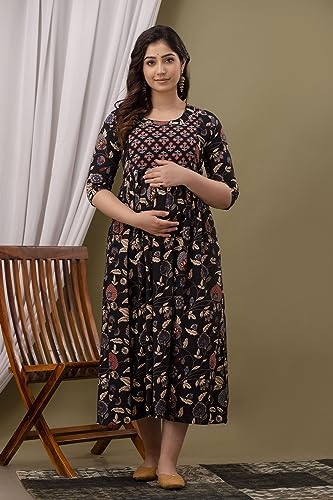 Image of Maternity Feeding Kurti for Women | Cotton Blend Anarkali Dress with Nursing Zip for Pre & Post Pregnancy