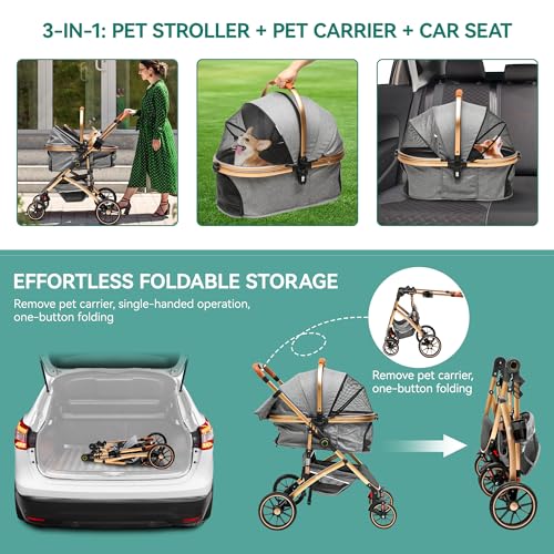 YITAHOME Hundewagen 3 in 1 Hundebuggy Bis 22kg, Klappbar, Hundewagen für Kleine Hunde, Hundebuggy Kleine Hunde, Hunde Buggy, katzenwagen, Faltbar Hund Kinderwagen, Tragbarer Kinderwagen (Grau)
