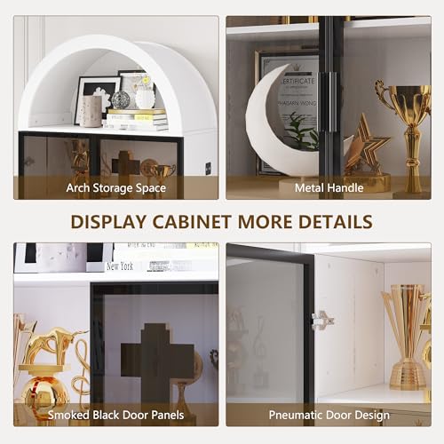 Display Cabinet with Doors and Adjustable Shelves, 76" Tall Display Case with LED Lights/Arch Storage Space, 6 Tier Bookcase for Collectibles Bedroom Living Room Office, White
