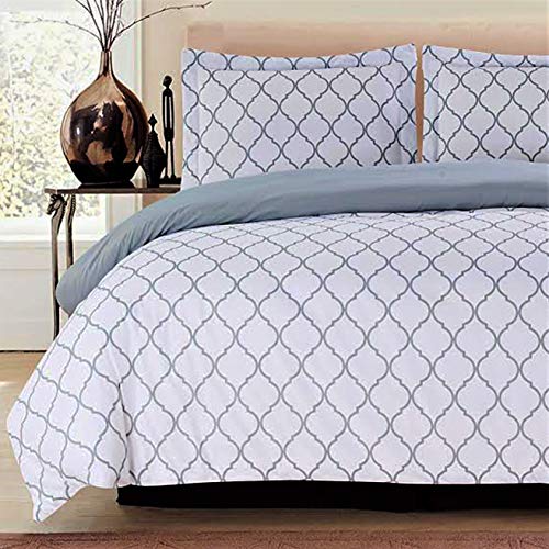 Lux Decor Collection Duvet Cover Set, 1800 Count Egyptian Quality King Soft Premium Bedding Collection, 3 Piece Luxury Soft, 2 Pillow Shams (White/Grey, Full/Queen)