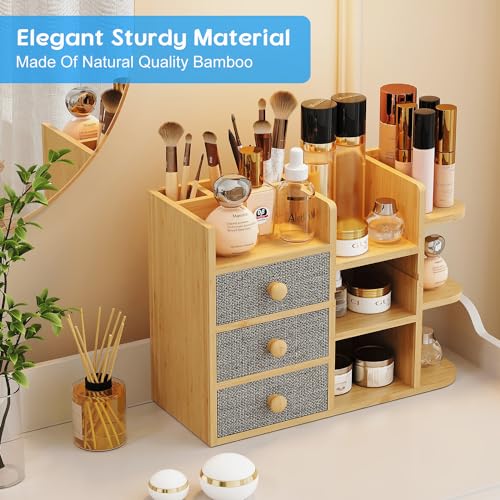 Upgrade-Makeup-Organizer-CountertopLarge-Capacity-Cosmetic-Skincare-Organizers-With-3-Makeup-Brush-Holder3-Drawer7-ShelfMake-Up-Storage-Organizers-Holder-For-Counter-Vanity-Dresser-Desk-Bathroom
