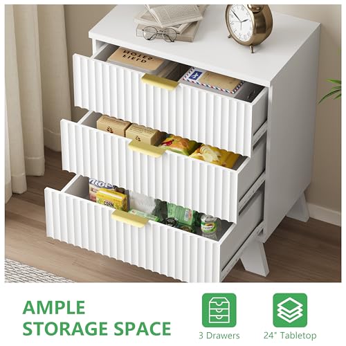 Image of Fluted Dresser for Bedroom with 3 Drawers, 24 inch Wide Modern Chest of Drawers with Metal Handle, Wooden Dresser TV Stand, Wood Closet Clothes Storage Drawer Organizer for Living Room, Hallway, White