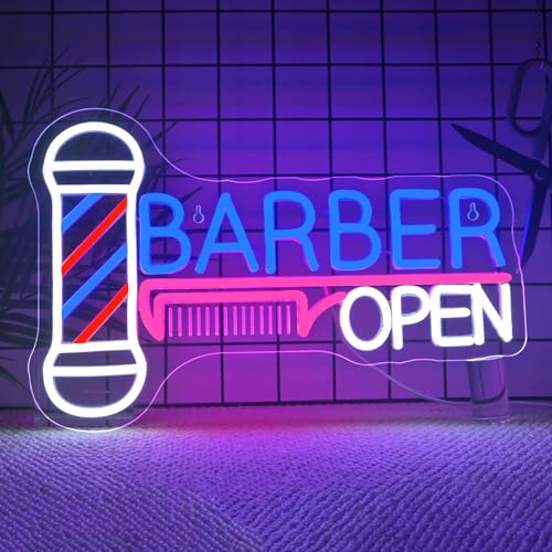 Image of Ineonlife Barber Open Neon Sign Accessories Light Up for Wall Decor Modern Led Sign for barbershop Small Acrylic Art Decor for hair salon make up shop Decorations 15.74x14.17 inch USB POWER