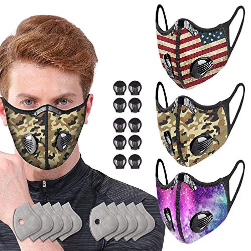 3 Pack Unisex Adjustable Reusable Sport Mouth Protectors with 10 Breathing Valve and 10 Carbon Filters Bicycle Riding Running Cycling Outdoor Sport