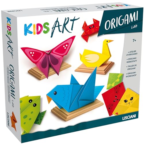 Lisciani - Kids Art - Origami Lab - Origami-Set für Kinder ab 7 Jahren - 105 farbige Origami-Blätter - Illustriertes Handbuch mit Faltanleitungen - 4 Holzständer zum Präsentieren der Kreationen