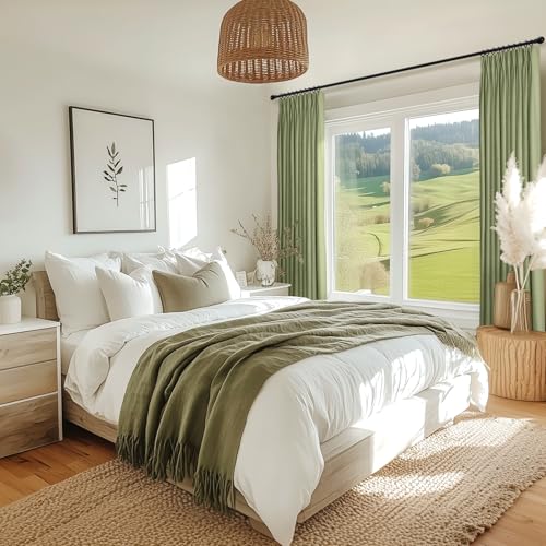 Pinch Pleated Blackout Curtains 102 Inch Long, Linen Blend, 100% Blackout Drapes with 20 Hooks, Ideal for Bedroom and Living Room, 40" W x 102" L (Pack of 2), Sage Green