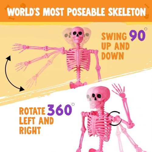 Image of JOYIN 5.6 FT Halloween Posable Skeleton Life Size, Giant Outdoor Yard Skeletons, Pink Plastic Skeleton with Movable Joints for Haunted House Props, Halloween Decorations, Spooky Scary Skeletons Party