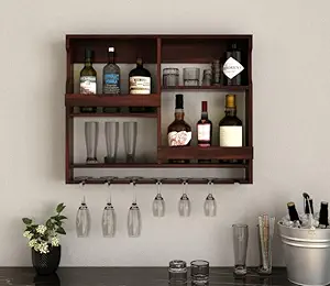 Kunjal Furniture Wooden Wall Mounted Wine Rack, Bar Cabinet with Glass Storage - Wall Hanging Mini Bar for Home - Wine Holder Upside Down Glass Hanging Organizer (Walnut Finish)