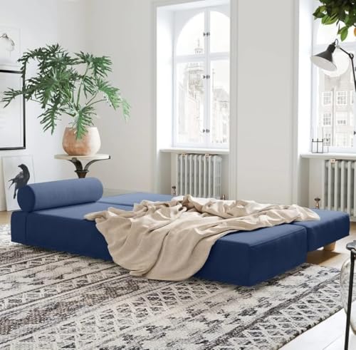 Image of SOUL CRAFT Modern Modular Daybed /Fold-Out Sleeper, Beige, Velvet Fabric, Converts to 2 Single Beds or 1 Queen Bed, with Mattress 203 cm x 74 cm(6.66 ft x 2.43 ft)(Navy)