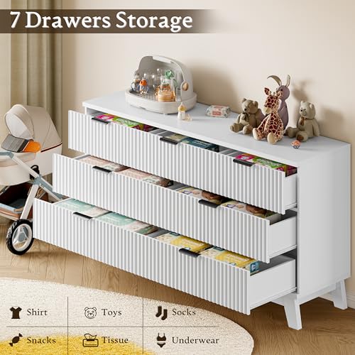 Image of BORNOON 57 inch Long Dresser for Bedroom, 7-Drawer Fluted Chest, Wide Wood Storage Dresser with Metal Slides and Handles, Stable Base, Modern Clothes Organizer for Primary Suite, Guest Room, Nursery