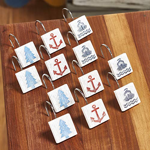 Lakewords Shower Curtain Hooks with Anchor, Tree, Boat - Set of 12