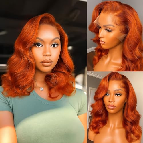 Ying Guan Ginger Bob Wig Human Hair Ginger Orange 13x4 Lace Front Wigs Human Hair 250% Density Body Wave HD Lace Front wig 350 Ginger Glueless Wigs Transparent Lace Frontal wigs Pre Plucked 12 Inch