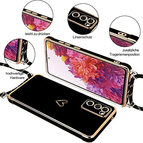 Micoden for Samsung S20 FE 4G Case Crossbody Lanyard with Cord Neck Strap Cute Heart for Girls Women Holder with Necklace Silicone Shockproof Cover for Samsung Galaxy S20 FE 5G Black
