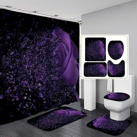Yddsky Purple Rose 4 Pcs Shower Curtain Sets Non-Slip Rugs Bath Mat Toilet Cover U Shaped Mat Black Purple Shower Curtain with 12 Hooks Red Rose Valen Cover