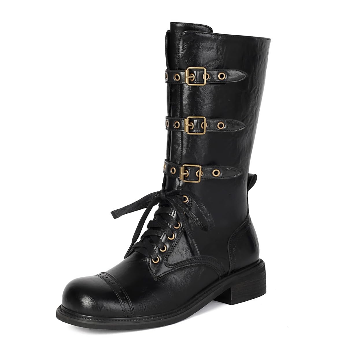 Womens Flat Low Heels Mid Calf Riding Boots Round Toe Lace Up Buckle Wide Calf Western Fall Dressy