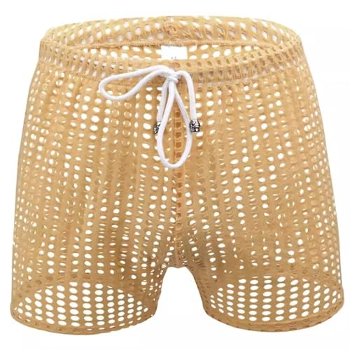 Men's Fishnet Shorts See Through Mesh Loose Trunks Hollow Workout Lounge Boxer Short Drawstring Swim Short Bottom